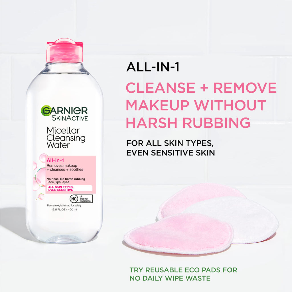 Garnier Micellar Water, Hydrating Facial Cleanser & Makeup Remover, Suitable for Sensitive Skin, Vegan, Cruelty Free, 13.5 Fl Oz (400mL), 2 Count